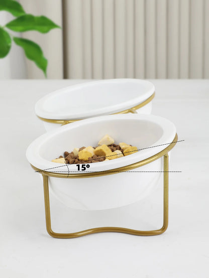 1 Set Elevated Ceramic Cat Bowls 1 Set Non-Slip Ceramic Cat Food And Water Bowls With Iron Bracket, Elevated Tilted Cat Feeder
