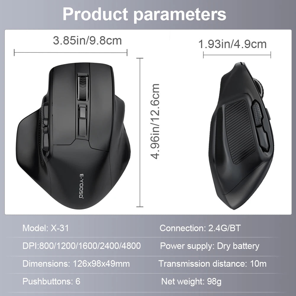 E-YOOSO X-31 Pro USB Gaming Large Mouse Support Bluetooth 2.4G Wireless PAW3212 4800 DPI for gamer Mice computer laptop PC