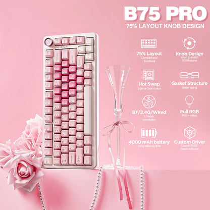 YUNZII B75 PRO Pink Mechanical Gaming Keyboard, Bluetooth/Wire/Wireless 75 Knob RGB Keyboard, Gasket Hot-Swap Custom Creamy Keeb