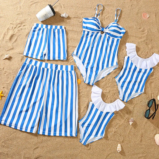 Family Swimsuit Mother Daughter Swimwear Father Son Swim Shorts 2023 Summer Striped Mom And Daughter Bikini Suit Matching Outfit