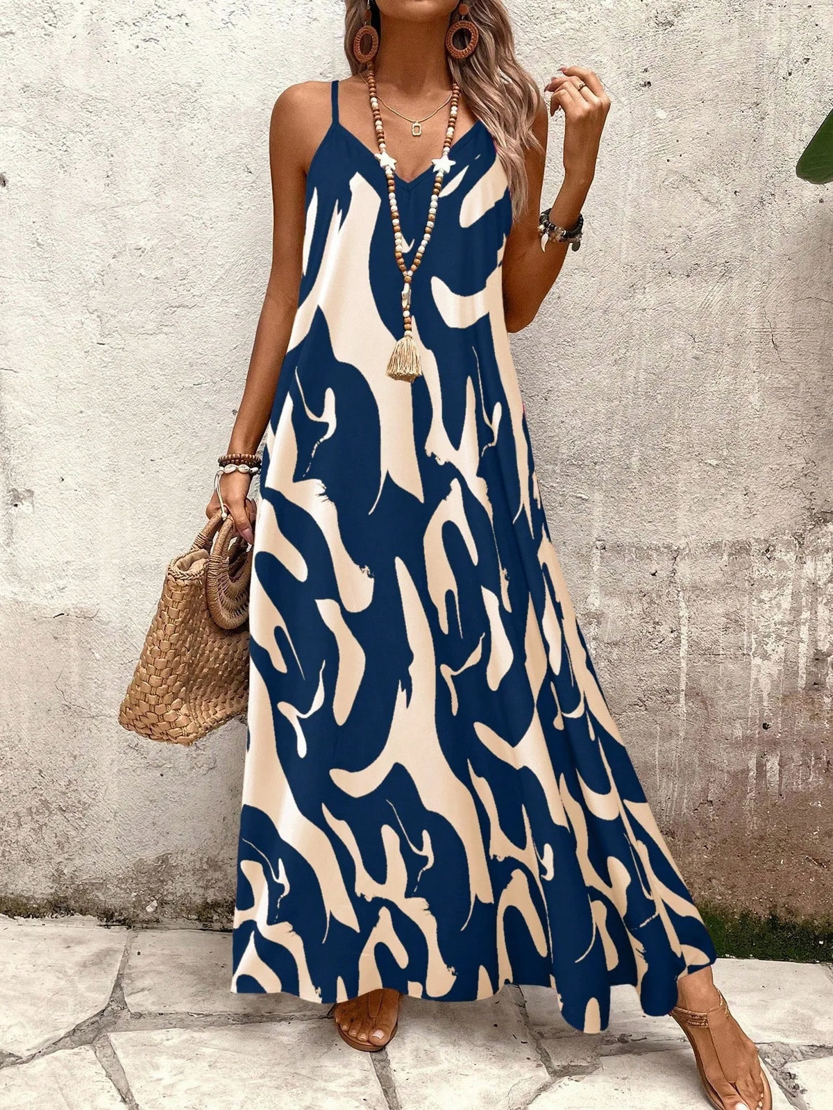 Summer 2026 Women's Fashion Slim Fit Floral Print V-Neck Loose Holiday Style Dress Knitted Fabric A- Line Skirt Casual Wear