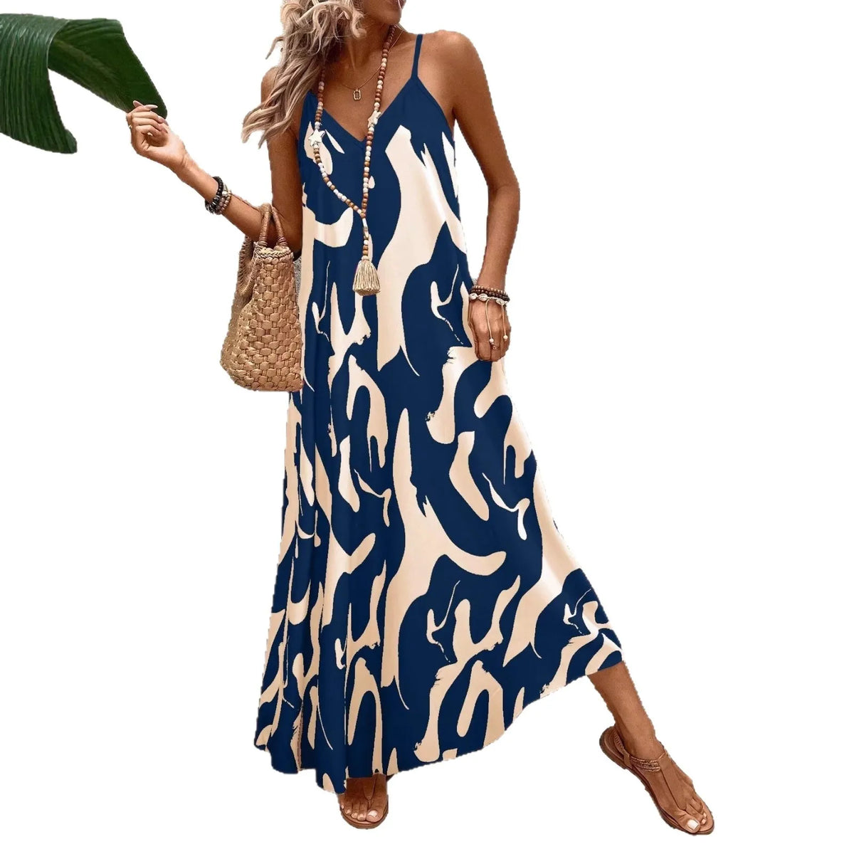 Summer 2026 Women's Fashion Slim Fit Floral Print V-Neck Loose Holiday Style Dress Knitted Fabric A- Line Skirt Casual Wear