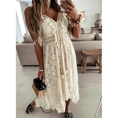 2026 Fashion Women Lace White Long Dress Sleeveless V Neck Flowy Ruffle Dress Summer Bohemian Retro Sexy Beach Holiday Dresses