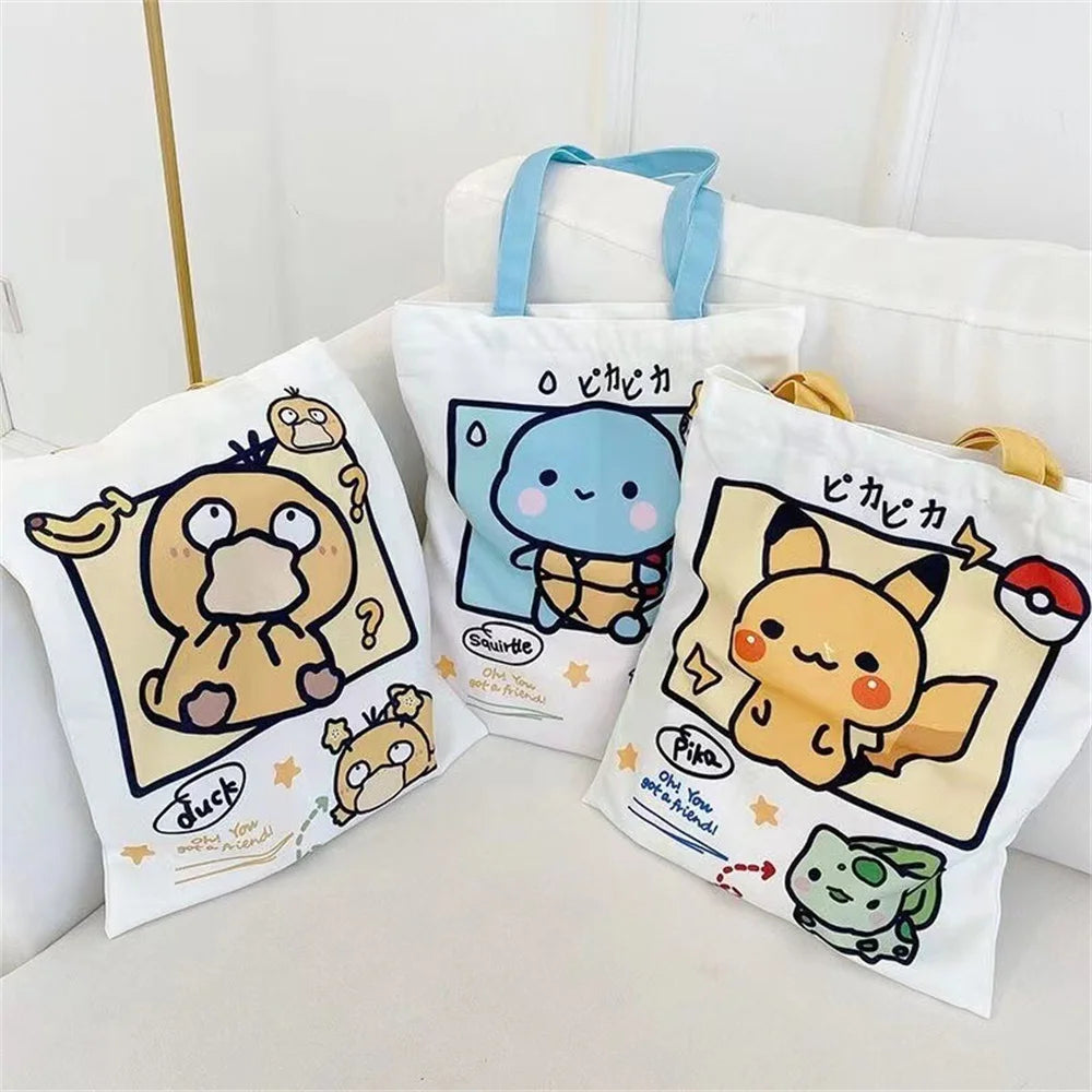 Pikachu Pokemon Canvas Tote Kawaii Psyduck Cute Autumn/Winter Daily Portable Handbag Shopping Grocery Reusable School Gifts ﻿