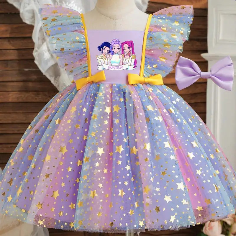 Girls' K-Pop "Starry Gala" Tutu Dress: Rainbow Tulle Gown with Gold Sequins & Ruffle Sleeves