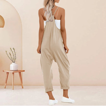 Plus Size Solid Sleeveless V Neck Jumpsuit with Slip Pockets, Casual Women's Clothing