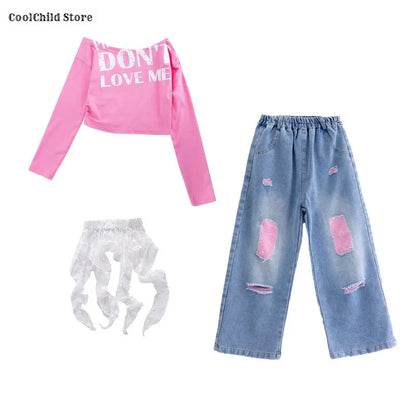 Girls Hip Hop Off Shoulder Crop Top ‌Street Dance Skirts Cargo Pants Children Streetwear Jeans Kids K-pop Girl Group Clothes Set
