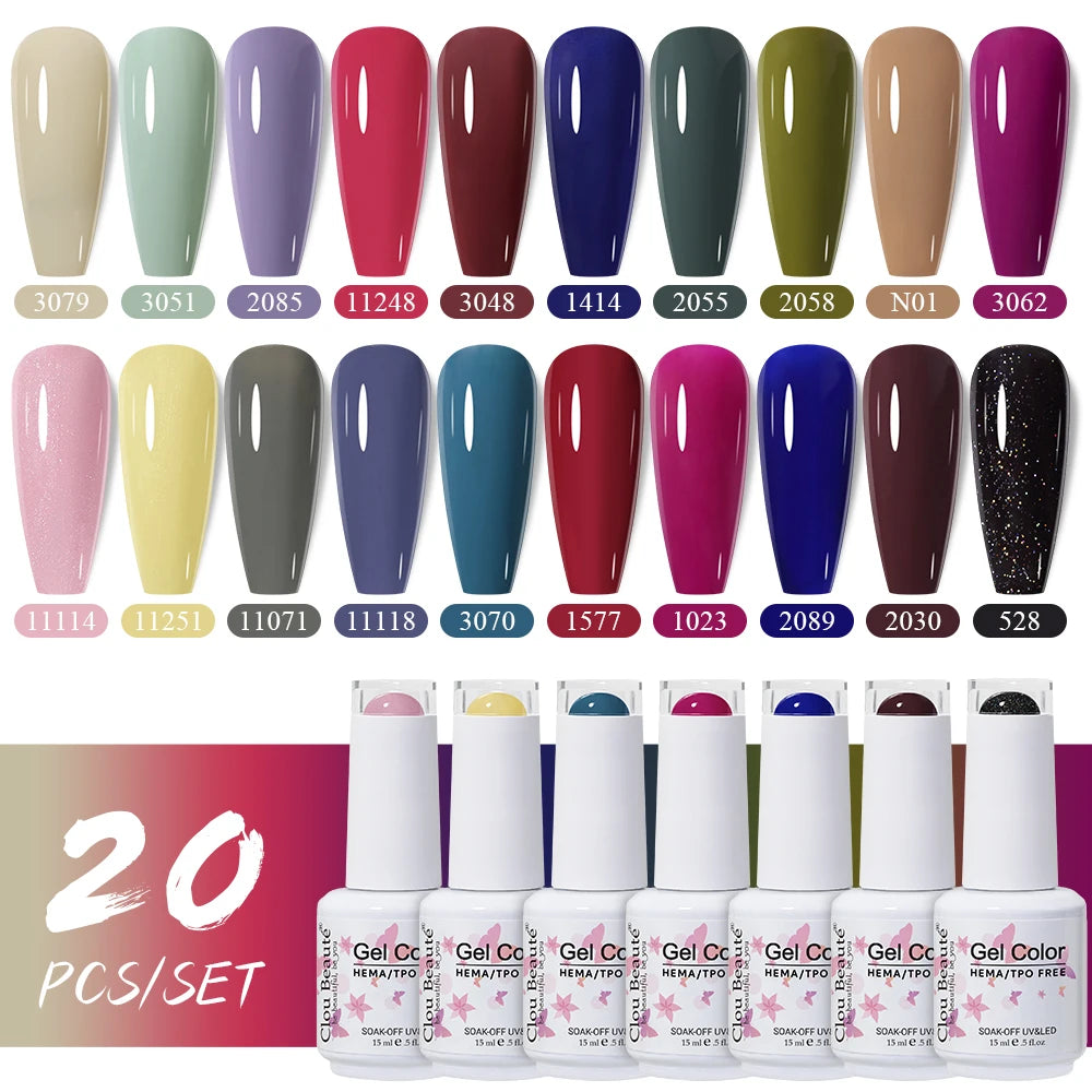 Clou Beaute 20pcs TPO & HEMA FREE Nail Gel Polish Set Red Pink Nude UV LED Soak Off Polish Gel Nail Semi Permanent Nail Varnish