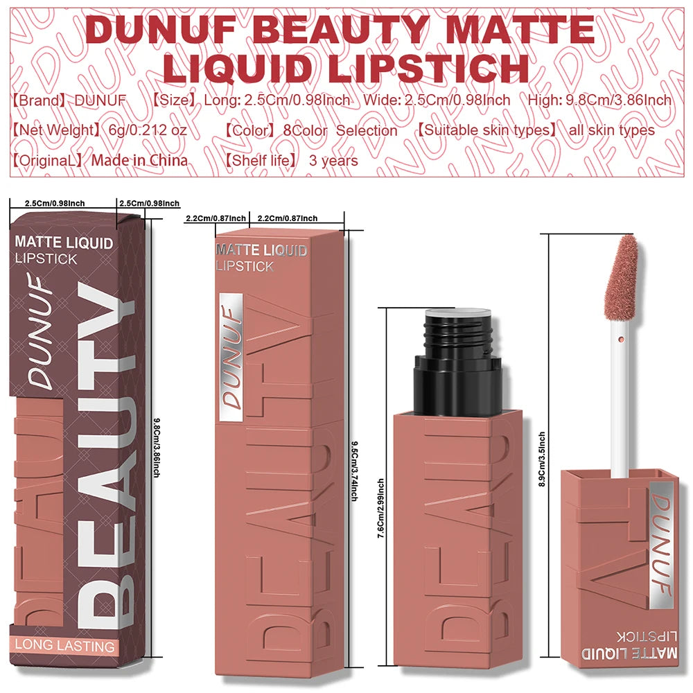 DUNUF  8-color matte velvet smooth easy-to-apply square tube lip gloss waterproof three-dimensional plumping lipstick