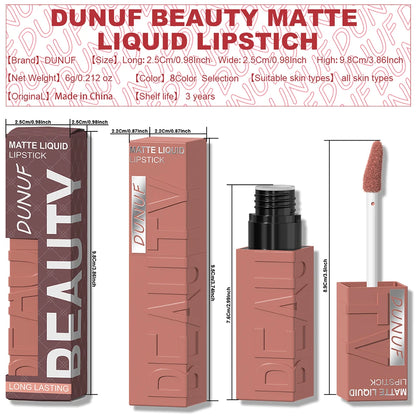 DUNUF  8-color matte velvet smooth easy-to-apply square tube lip gloss waterproof three-dimensional plumping lipstick
