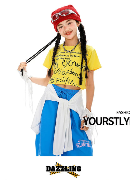 Girls Hiphop Group Jazz Dance Performance Clothes Loose Short Sleeve Top Pants Street Dance Costumes Wear