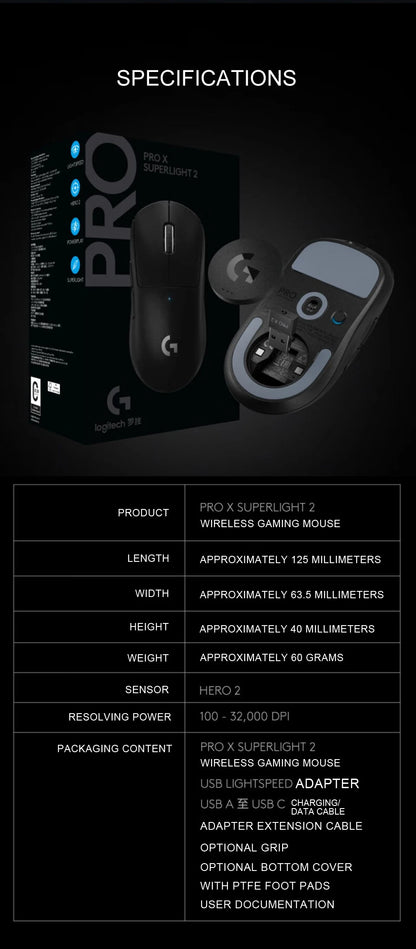 Logitech PRO X  SUPERLIGHT 2 GPW3 Wireless Mouse Gaming Mouse Gpw Second Generation Upgrade Hero2 Sensor