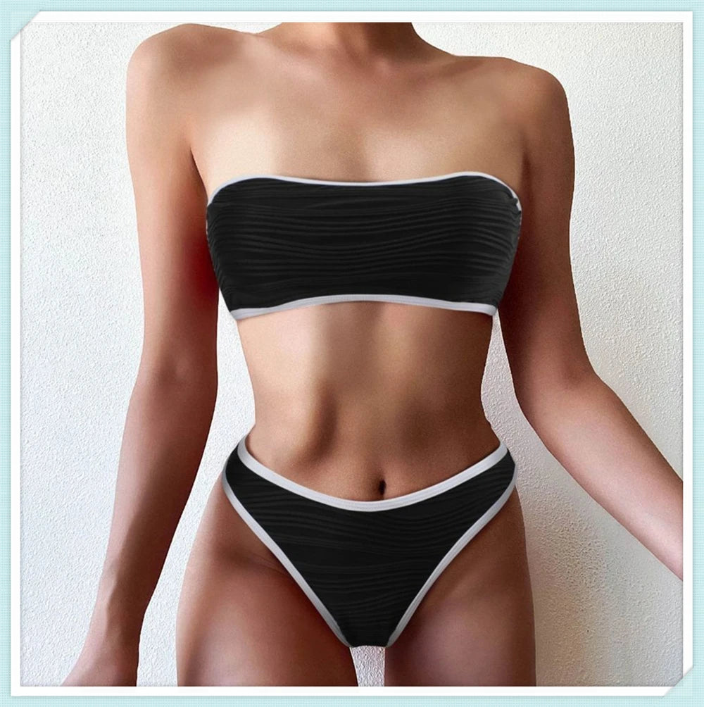 Sexy Bandeau High Waist Bikini 2023 Women Triangle Swimsuit Stitch Detail Swimwear Padded Bathing Suit Female Solid Beachwear
