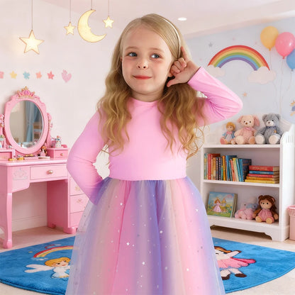 Girls' K-Pop Demon Hunters "Star Sparkle" Long Sleeve Tutu Dress: Rainbow Tulle Princess Gown