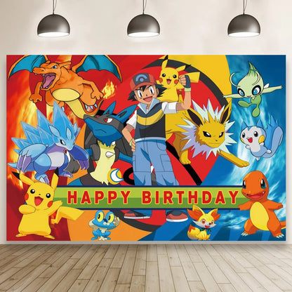 Cartoon Cute Kid Birthday Party Decorations Backdrop Pikachu Theme Photography Background Baby Shower Banner Photo Booth Props