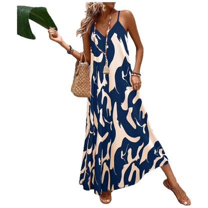 Summer 2026 Women's Fashion Slim Fit Floral Print V-Neck Loose Holiday Style Dress Knitted Fabric A- Line Skirt Casual Wear