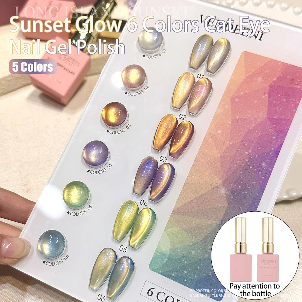 Vendeeni 6 Colors Crystal Cat Eye Gel Nail Polish Set Semi Permanent Sparkling Magnetic UV LED Soak Off Gel Varnish With Display