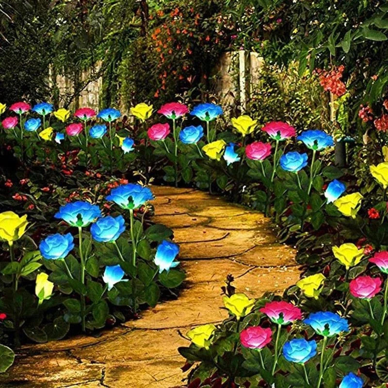 5 Heads Rose Lawn Lamp Solar Lights Outdoor Decorative Solar Garden Lights for Yard Patio Garden Wedding Decor Fairy Lights