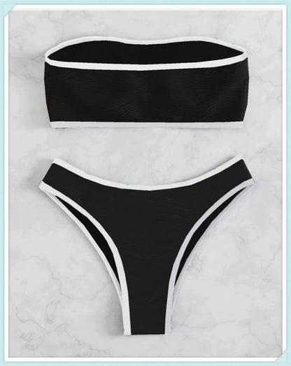 Sexy Bandeau High Waist Bikini 2023 Women Triangle Swimsuit Stitch Detail Swimwear Padded Bathing Suit Female Solid Beachwear