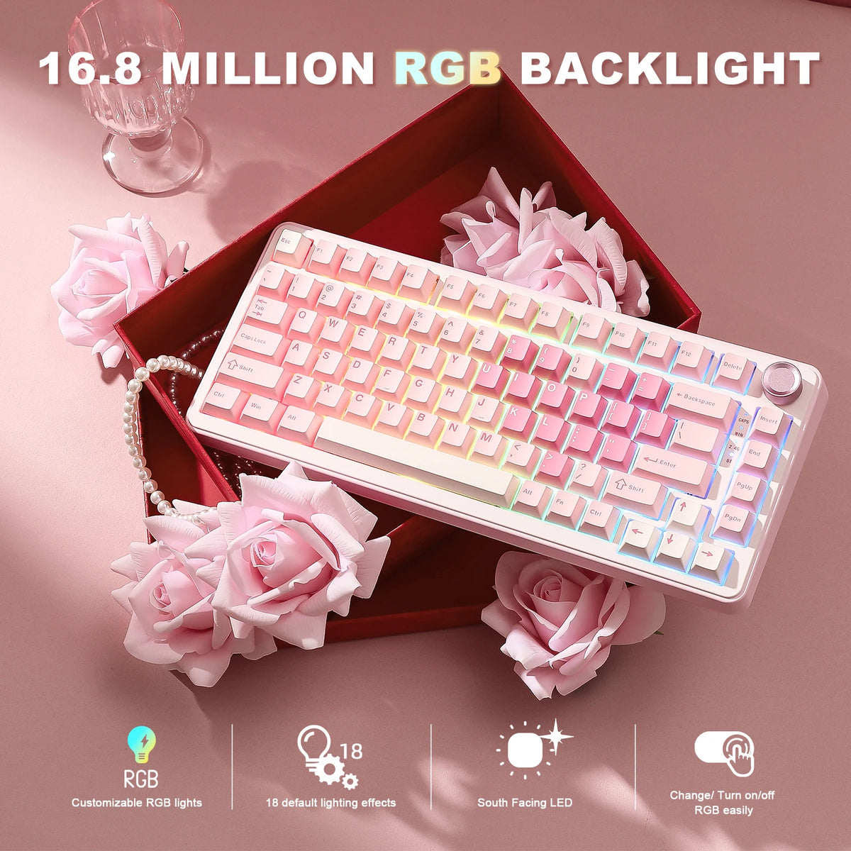 YUNZII B75 PRO Pink Mechanical Gaming Keyboard, Bluetooth/Wire/Wireless 75 Knob RGB Keyboard, Gasket Hot-Swap Custom Creamy Keeb