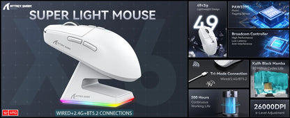 ATTACK SHARK X6 Lightweight Wireless Gaming Mouse with RGB Backlight Charging Base,Tri-Mode,26K DPI, PAW3395 Optical Sensor