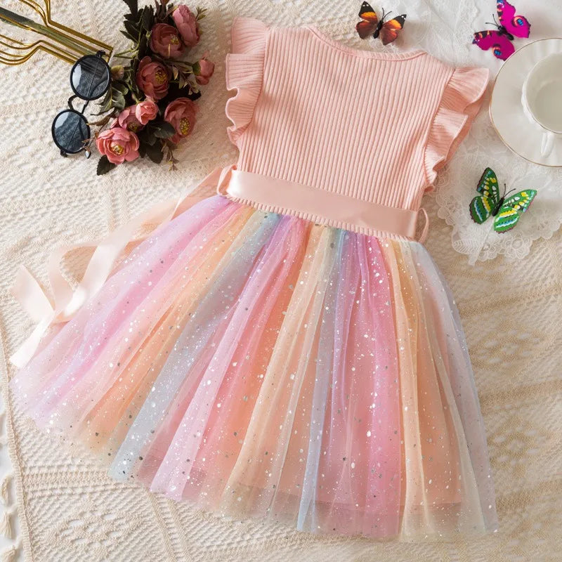 Girls' HUNTRX Rainbow Tulle Princess Dress: Sequin Star & Chibi Idol Party Gown