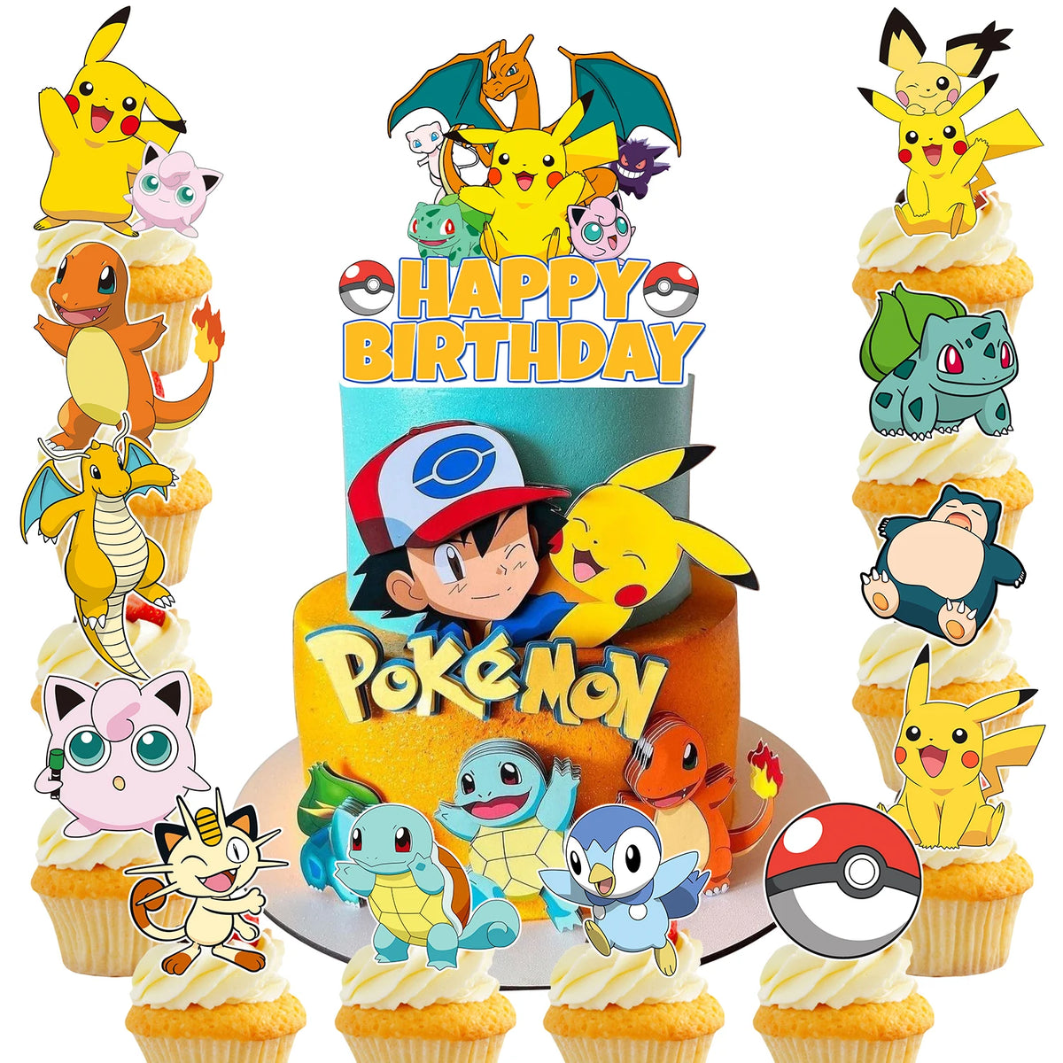 25 Pcs Pokemon Cake Toppers - Pokemon Cupcake Toppers & Large Pokemon Birthday Cake Topper for Pokemon Birthday Party Decoration