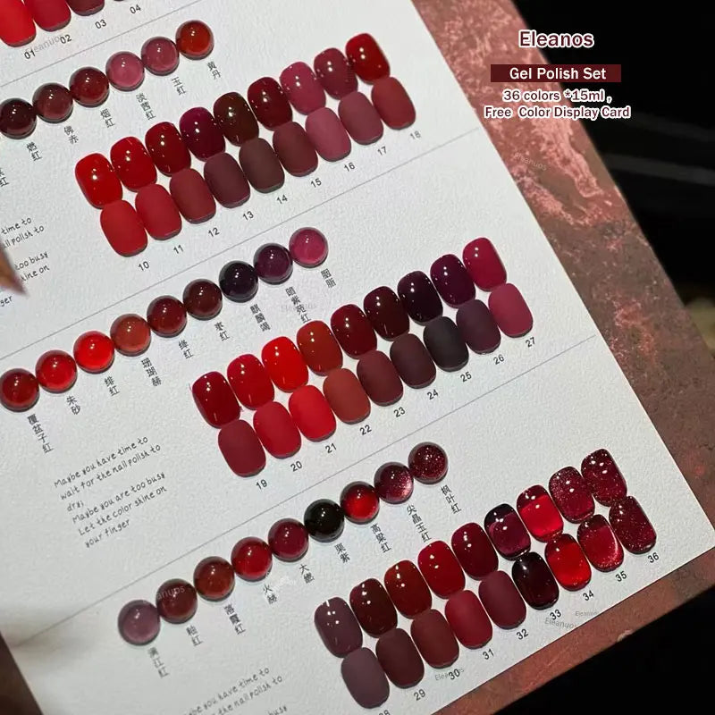 Eleanos Christmas 36pcs Fall Winter Red Gel Nail Polish Set With Color Card Korean Style Gel Kit Nail UV LED Varnishes Nail Art