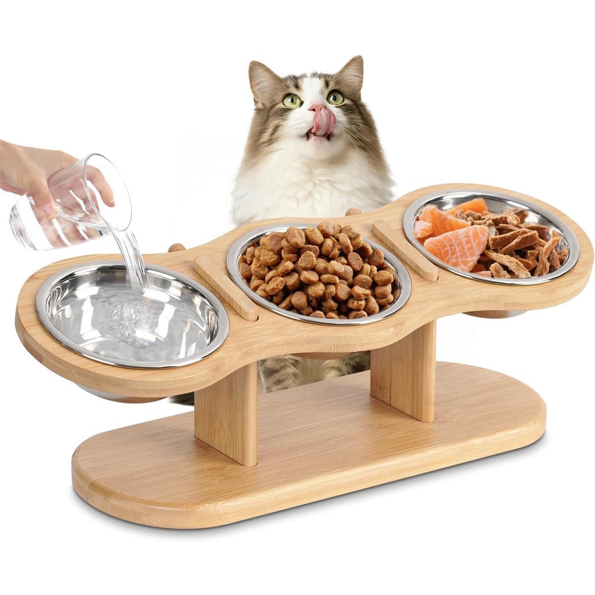 Elevated Cat Bowls Raised Wood Stand Feeder with 3 Stainless Steel Bowls Feeding & Watering Supplies for Puppy Cats Accessories