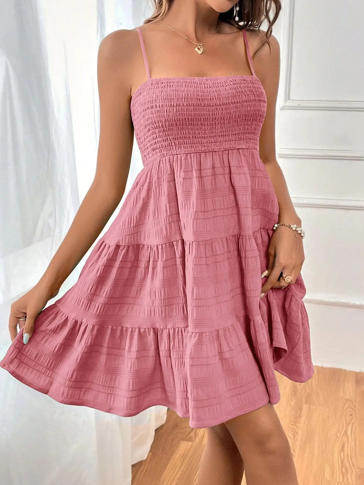 Women's Fashion Spaghetti Strap Smocked Bustier Mini Dress Blue Ruffled Tiered Swing Dress Summer Casual Vacation Beach Wear