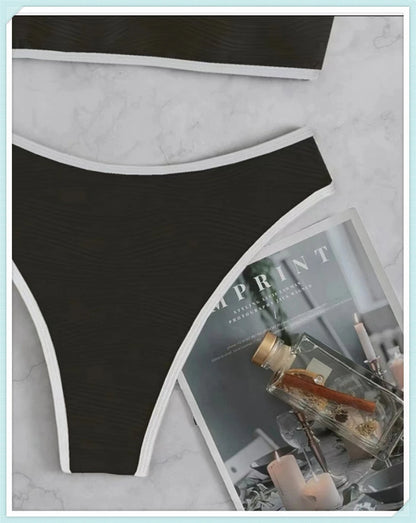 Sexy Bandeau High Waist Bikini 2023 Women Triangle Swimsuit Stitch Detail Swimwear Padded Bathing Suit Female Solid Beachwear