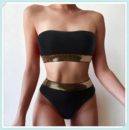 Sexy Bandeau High Waist Bikini 2023 Women Triangle Swimsuit Stitch Detail Swimwear Padded Bathing Suit Female Solid Beachwear