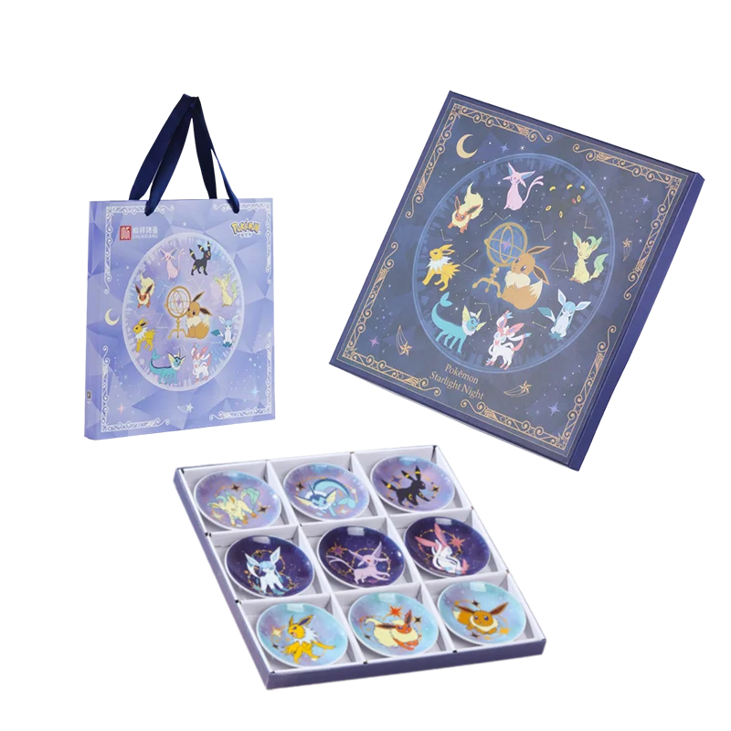SHUNXIANG Pokémon Licensed Eevee Series Ceramic Plate Set Starry Sky Gift Box 9Pcs Dish Anime Themed Porcelain Tableware Gift