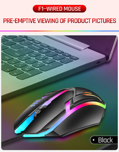 F1 Wired 3 Keys Mouse Colorful Lighting Gaming and Office For Microsoft Windows and Apple IOS System