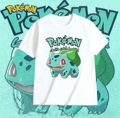 2025 Summer Poksammon Animation Brand 100% Cotton Bulbasaur Printed T-shirt for Men and Children Harajuku Casual Short Sleeve