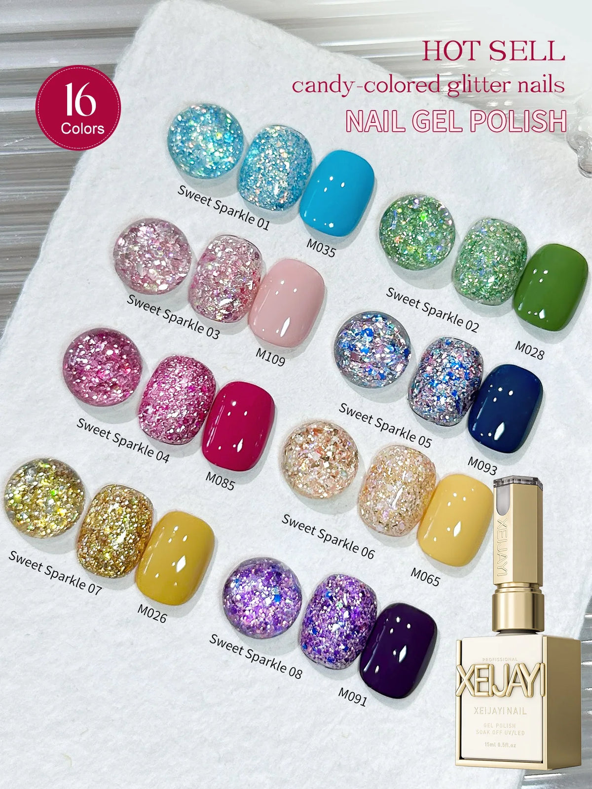 2/16pcs Nail Art Candy Sequins Solid Color Nail Polish Gel Set, Color Sequins with Solid Color Shiny Gloss Nail Art DIY
