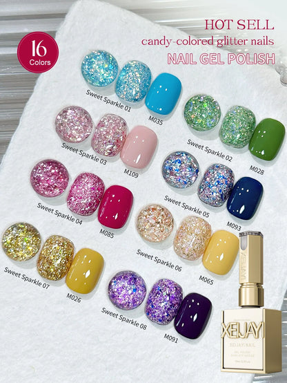 2/16pcs Nail Art Candy Sequins Solid Color Nail Polish Gel Set, Color Sequins with Solid Color Shiny Gloss Nail Art DIY