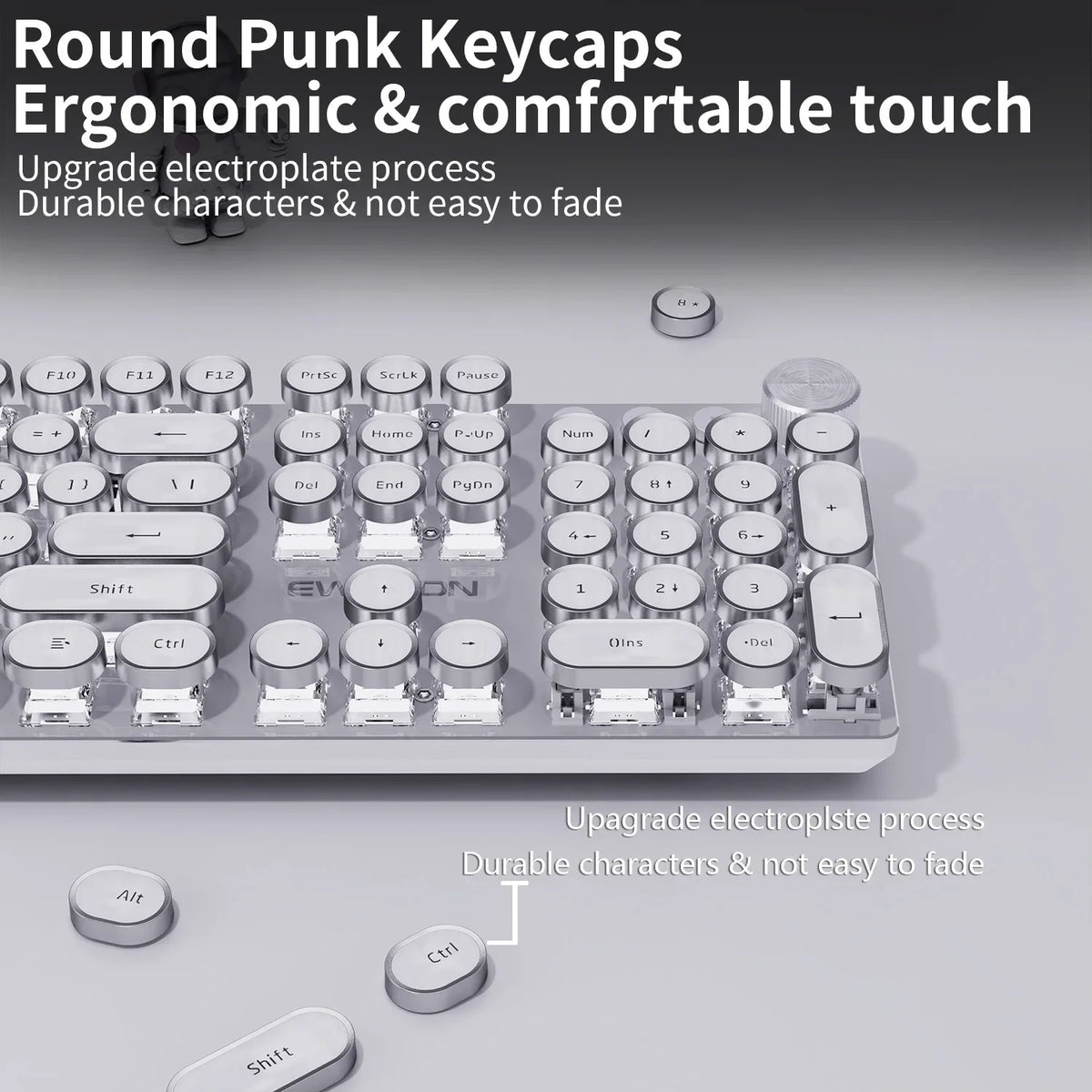 EWEADN V20 Mechanical Keyboard Wired Cute 104 Keys Round Keycaps Gaming Keyboard Retro Punk White Backlit Office Computer Mute