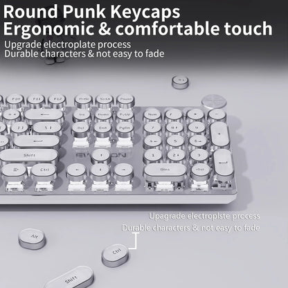 EWEADN V20 Mechanical Keyboard Wired Cute 104 Keys Round Keycaps Gaming Keyboard Retro Punk White Backlit Office Computer Mute