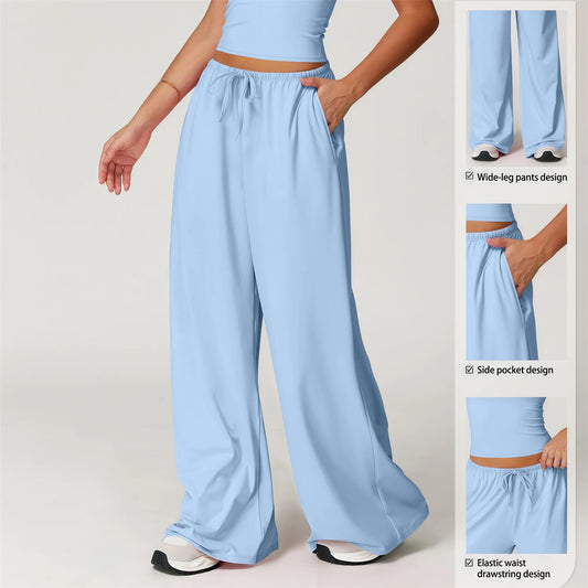 Wide Leg Flared Leggings Women's Fitness Running Pants Drawstring Sports Tights Woman Leisure Nude-Feel Workout Joggers Trouser