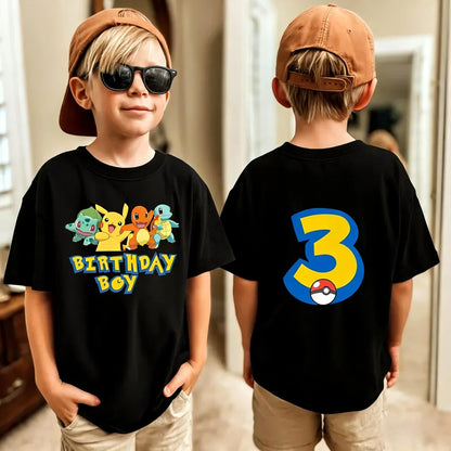 Birthday T-shirt Cute Pikachu Pokémon 3-9 Printed T-Shirt Unisex Summer Y2K Harajuku Loose Casual Short Sleeve Top for Chirldren