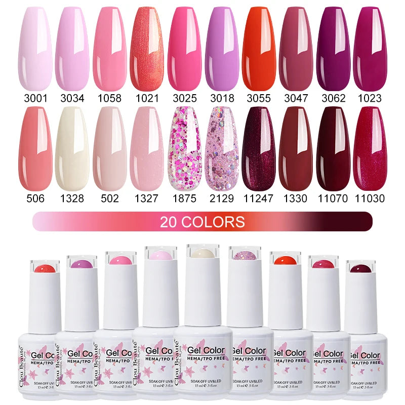 Clou Beaute 20pcs TPO & HEMA FREE Nail Gel Polish Set Red Pink Nude UV LED Soak Off Polish Gel Nail Semi Permanent Nail Varnish