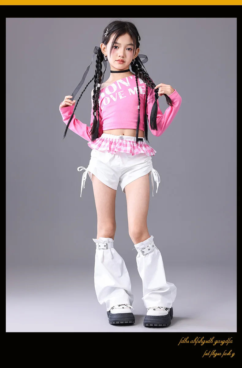 Girls Hip Hop Off Shoulder Crop Top ‌Street Dance Skirts Cargo Pants Children Streetwear Jeans Kids K-pop Girl Group Clothes Set