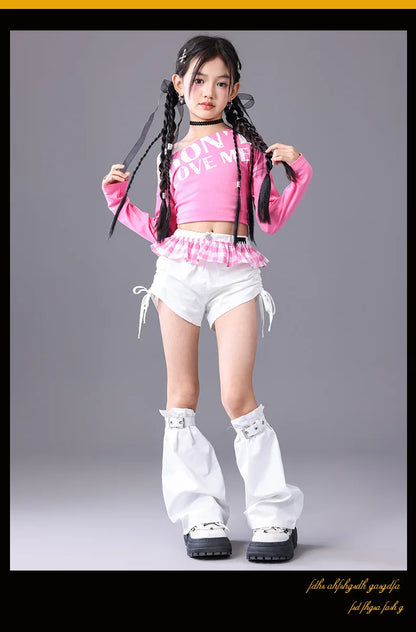 Girls Hip Hop Off Shoulder Crop Top ‌Street Dance Skirts Cargo Pants Children Streetwear Jeans Kids K-pop Girl Group Clothes Set