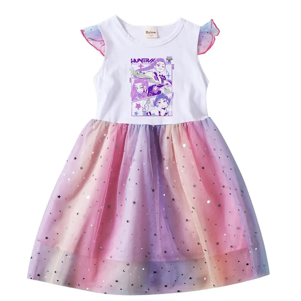 Girls' K-Pop Hunters "Chibi Rainbow" Princess Dress: Flying Sleeve Tutu with Star Sequins