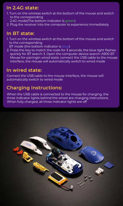 DAREU PC Gaming Mouse Tri-mode Connect Bluetooth Wired 2.4G Wireless Mice with Charging Base KBS Buttons Mous for Laptop Gamer
