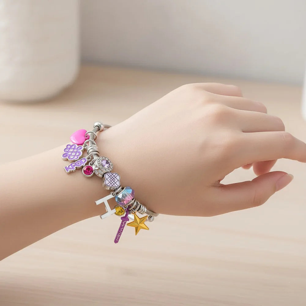 2026 New K-POP Demon Hunting Girl Group Bracelet for Women, Cartoon Diamond Pendant Open Stainless Steel Bangle, Gift