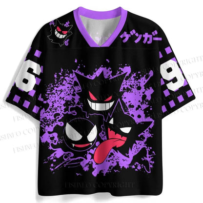 Men's New Gengar Jersey Purple Splash Graphic V-Neck Short Sleeve Pokémon Anime Fan Casual Streetwear Sportswear