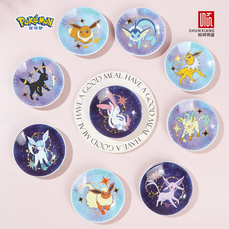 SHUNXIANG Pokémon Licensed Eevee Series Ceramic Plate Set Starry Sky Gift Box 9Pcs Dish Anime Themed Porcelain Tableware Gift