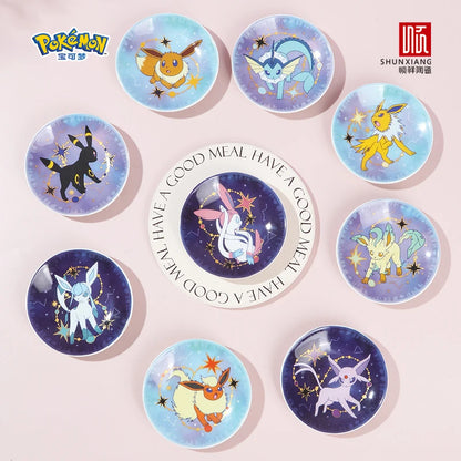 SHUNXIANG Pokémon Licensed Eevee Series Ceramic Plate Set Starry Sky Gift Box 9Pcs Dish Anime Themed Porcelain Tableware Gift